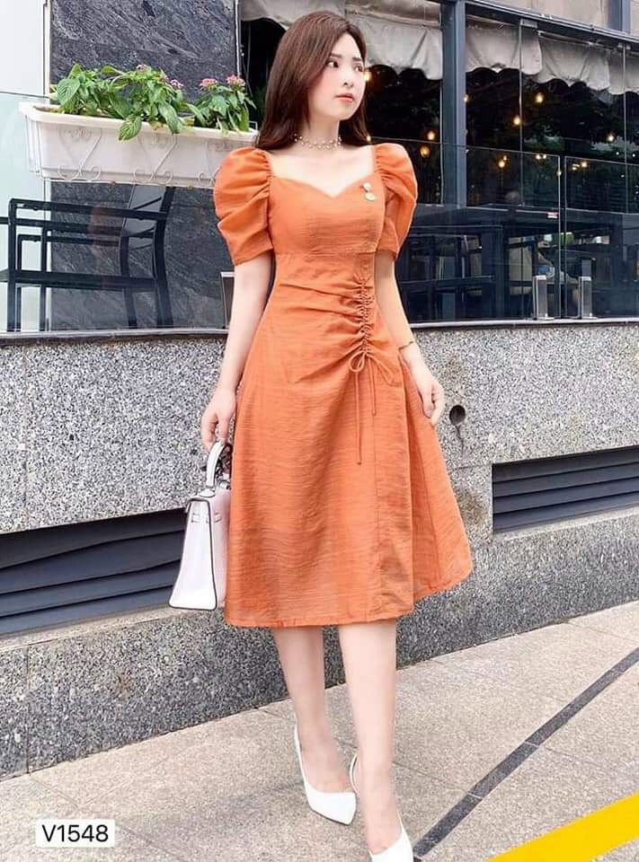 Đầm tay phồng dây rút eo cổ vuông #damtayphong