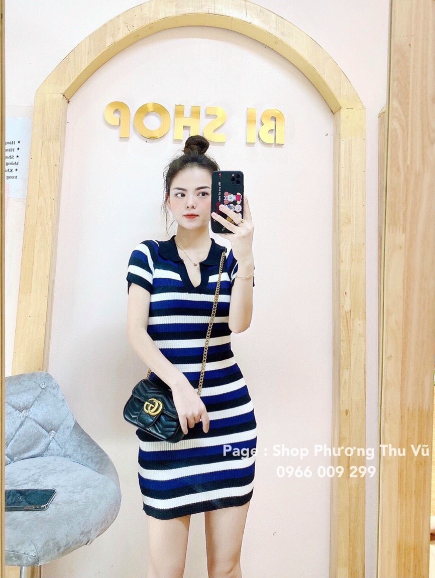 Váy len polo body kẻ ngang