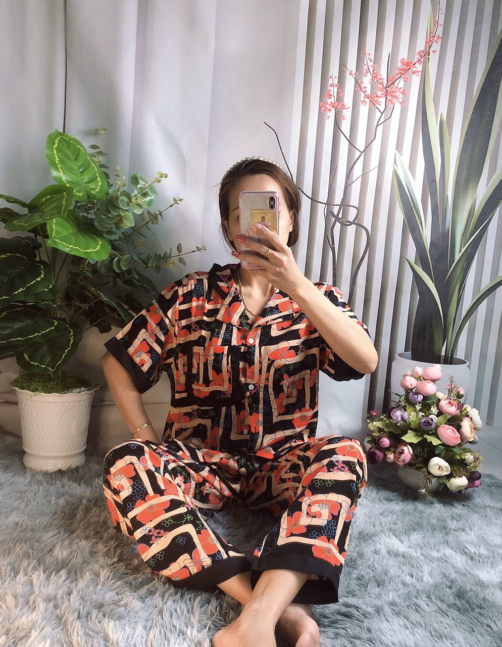 Bộ mặc nhà lụa mango cổ phối bèo