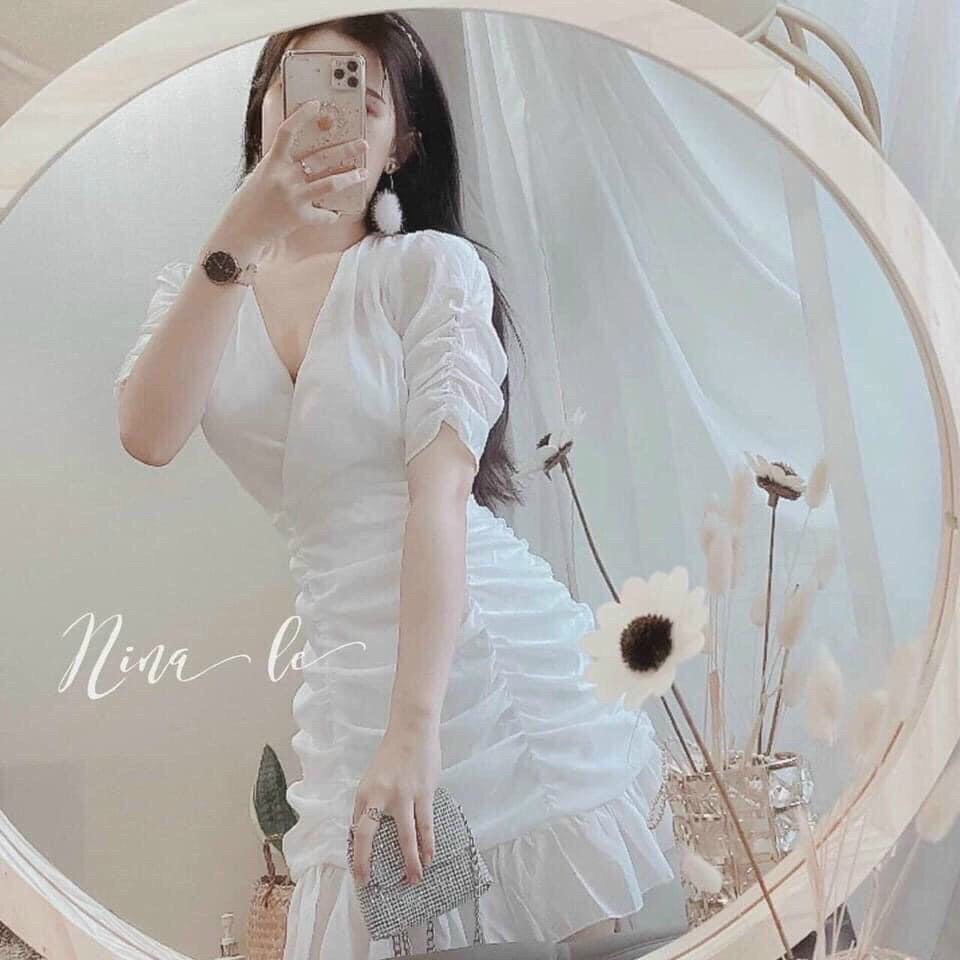 [HCM]Đầm kate ôm body cổ V  xinh sắn