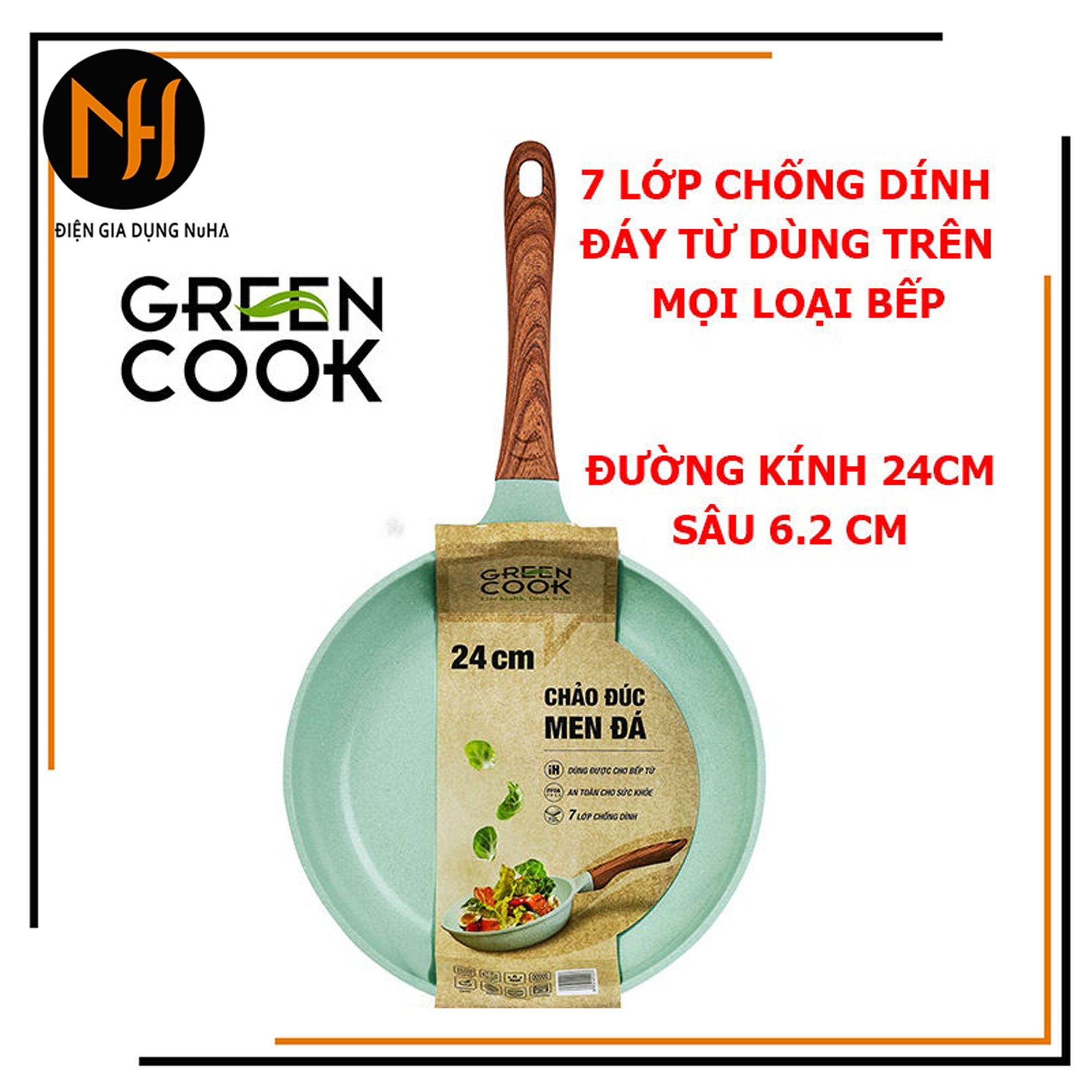 Chảo đúc chống dính đáy từ 7 lớp men đá xanh ngọc sâu lòng Green Cook GCP06 dùng mọi loại bếp