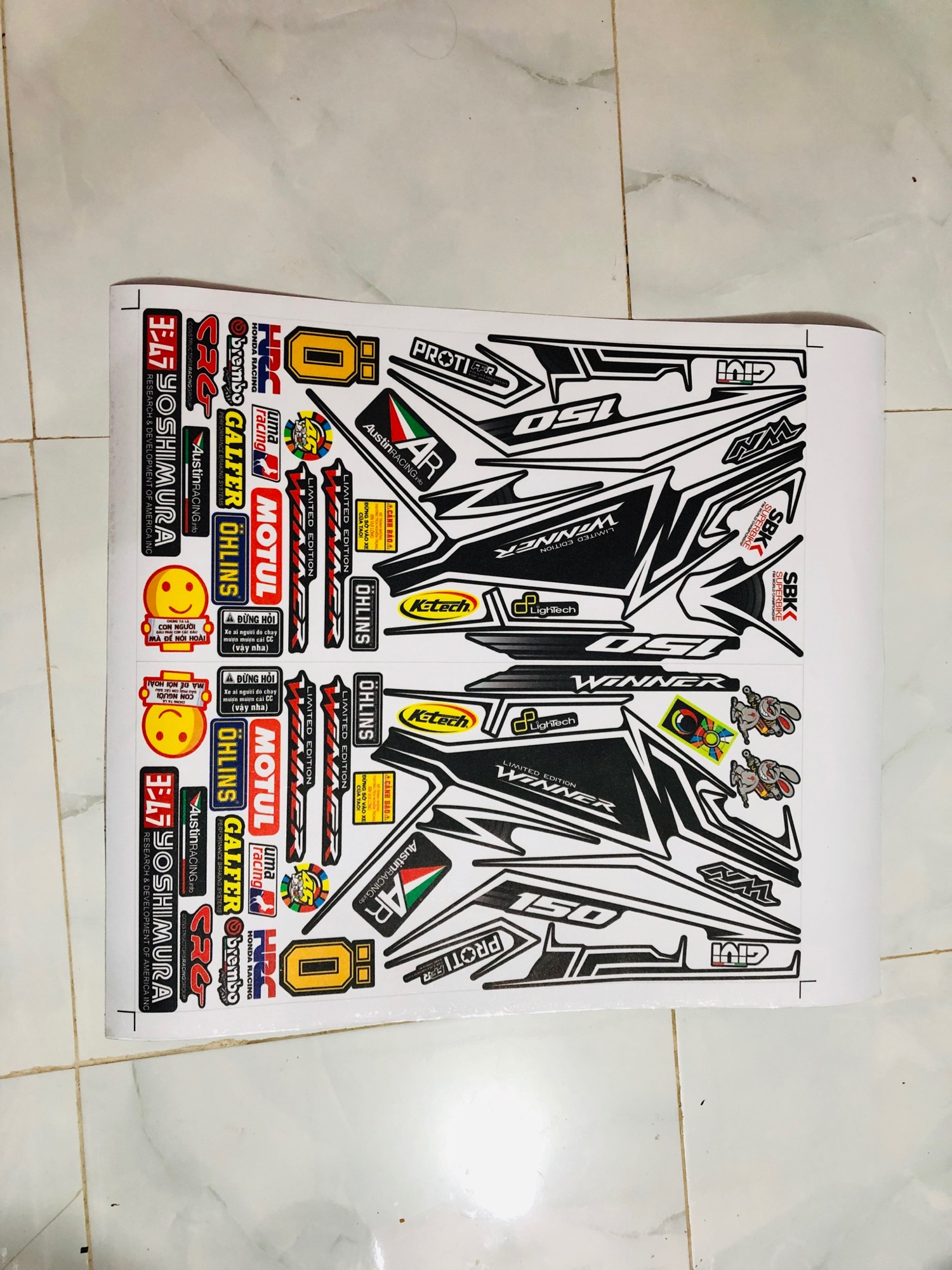 Tem rời xe winner chỉ trắng dán xe đen nhám