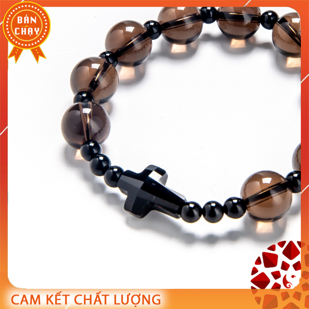 [HCM]Vòng Chuỗi Mân Côi Thạch anh Khói 10mm mix Mã Não đen và Thánh Giá pha lê | VietGemstones