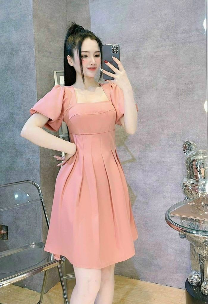 Váy đầm nữ tay phồng cổ vuông dáng xòe xếp ly thích hợp mặc đi chơi đi tiệc đều xinh