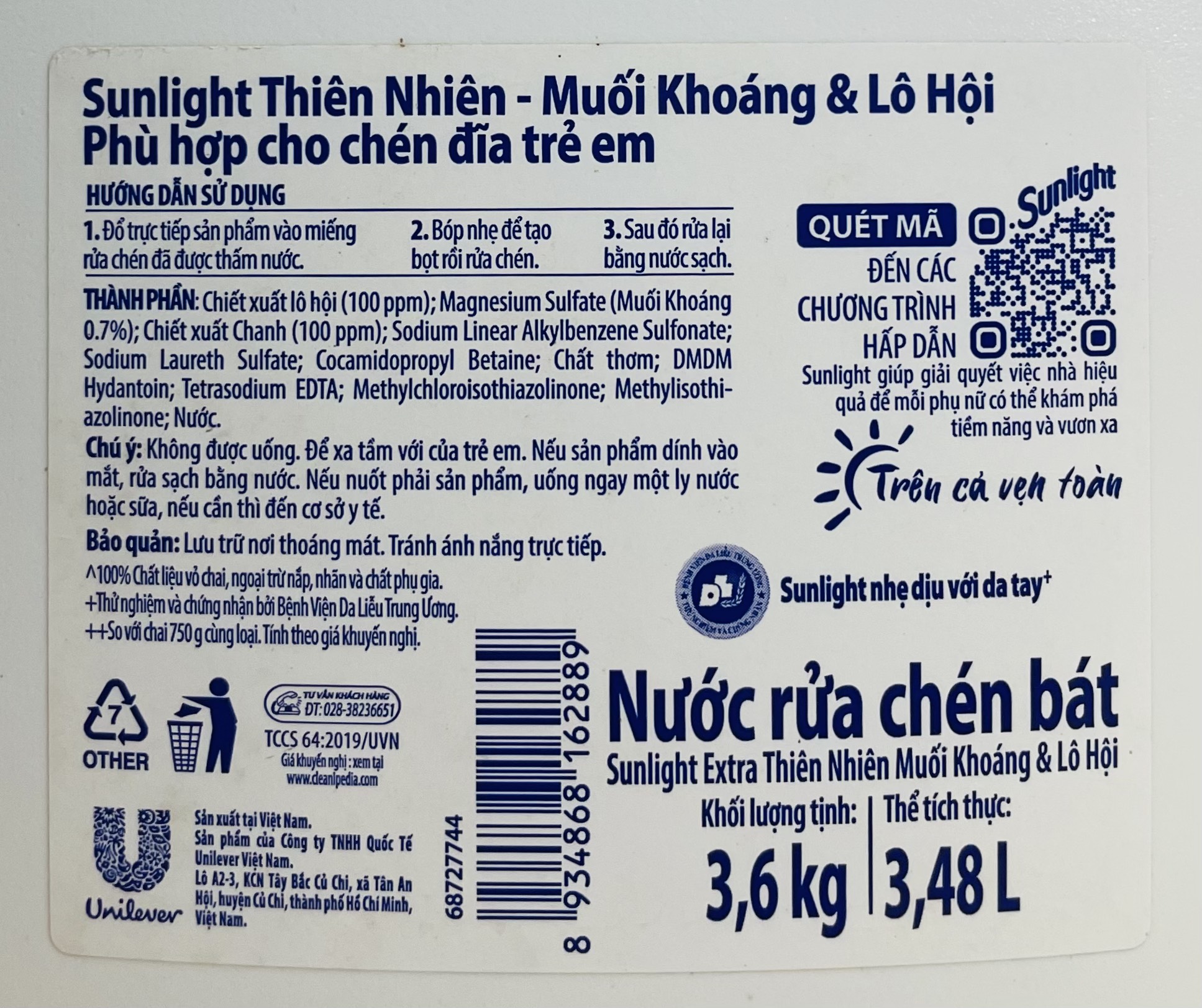 Nước rửa chén SUNLIGHT can 3,6KG - BACH HOA HV