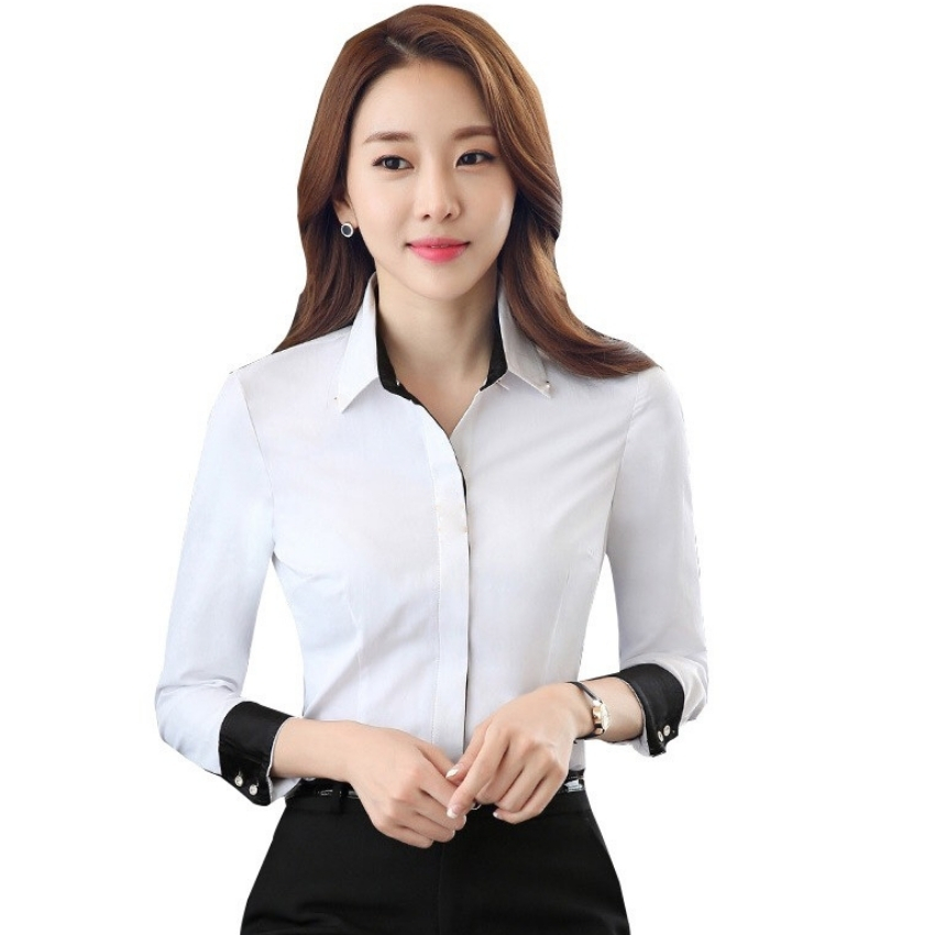 [HCM]Áo sơ mi nữ dài tay phối viền đen tay và cổ áo thời trang OKINAWA Chất vải kate mềm mịnthoáng mátthấm hút mồ hôi tốt