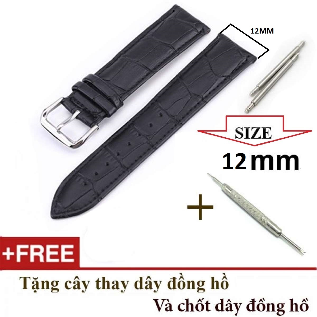 Dây đồng hồ da cao cấp SIZE 12MM, kèm chốt và cây thay dây (ĐEN-B806)