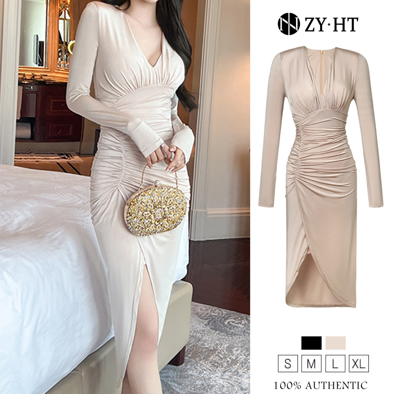ZYHT eravogue đầm body nữ ôm body sexy xẻ tà cổ chữ v đầm sang chảnh dự tiệc chân váy dài 9593