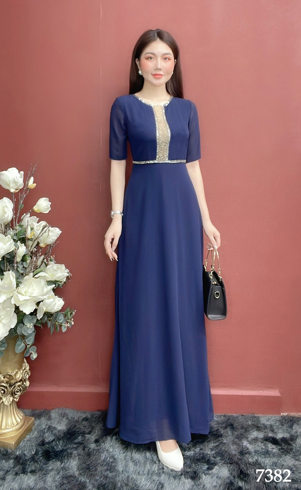 Đầm Dạ Hội EMY EM7382 Xanh Đen Kết Hạt