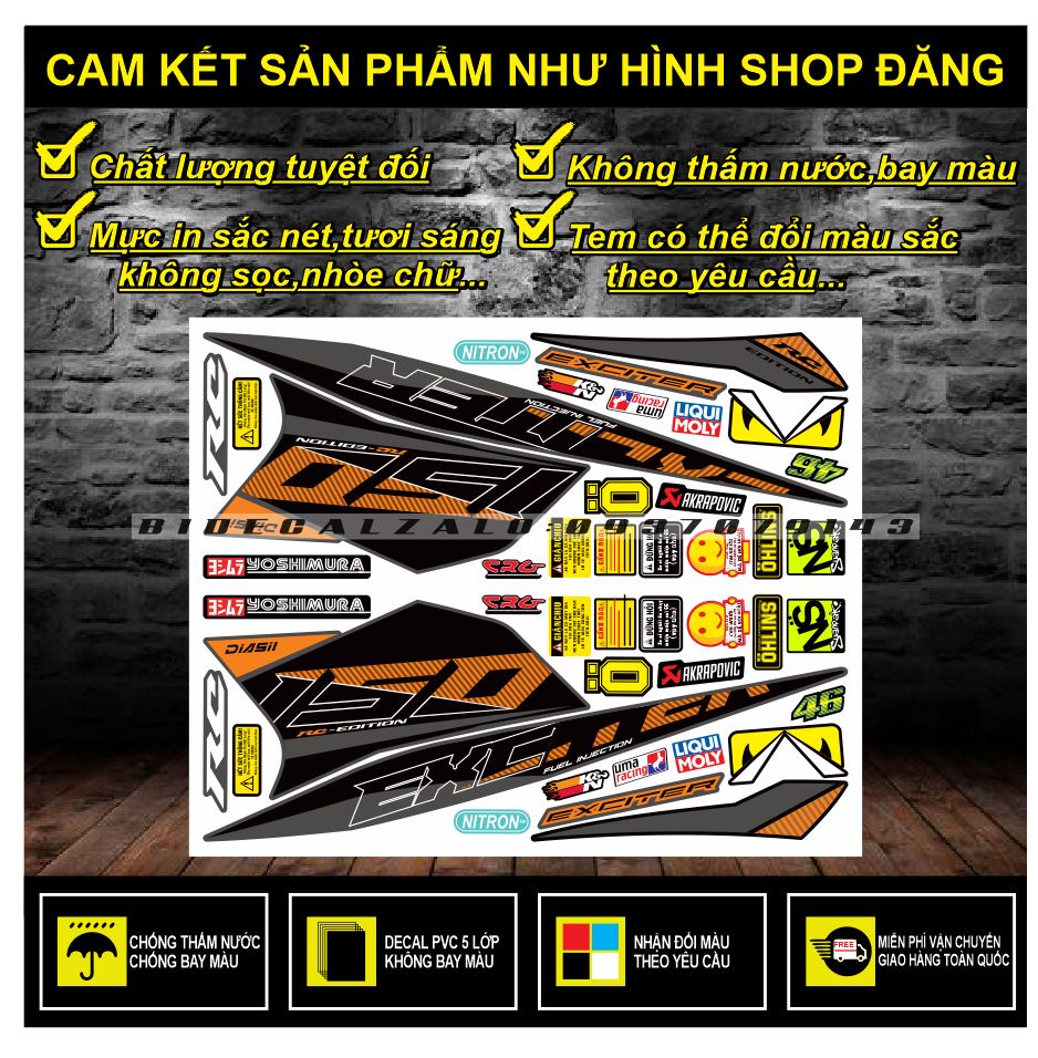 Tem rời exciter 150 phối cam xám đen