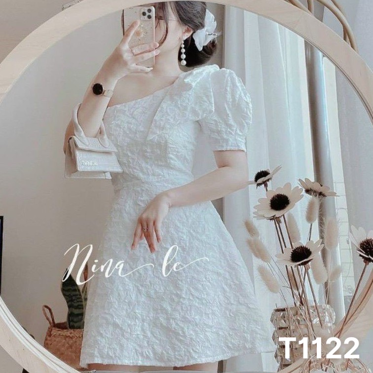 Đầm lệch vai 1 nơ tay ngắn dáng xoè chất liệu gấp tapta T1122