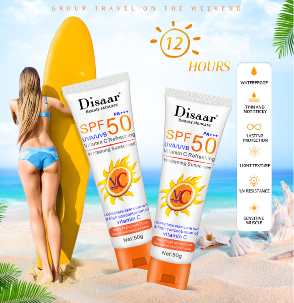 Kem chống nắng trắng da Disaar Vitamin C 50g bảo vệ da với SPF 50+ PA++++ giúp da sáng rạng rỡ, cấp âm cho da căng mướt mịn màng