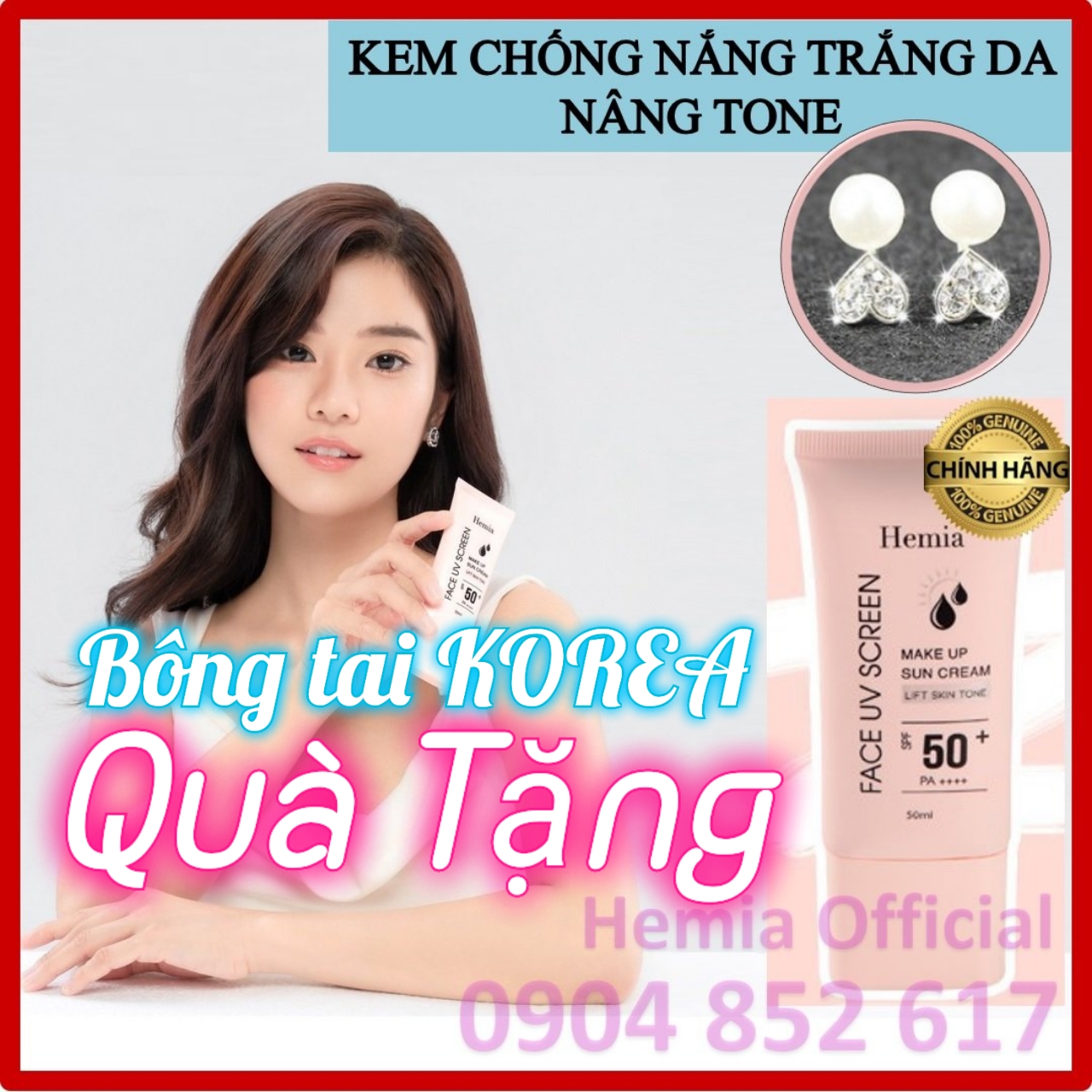 Kem chống nắng Hemia dưỡng trắng nâng tông SPF50+, chiết xuất 100% tự nhiên, Thấm mướt cực nhanh, mịn màng,