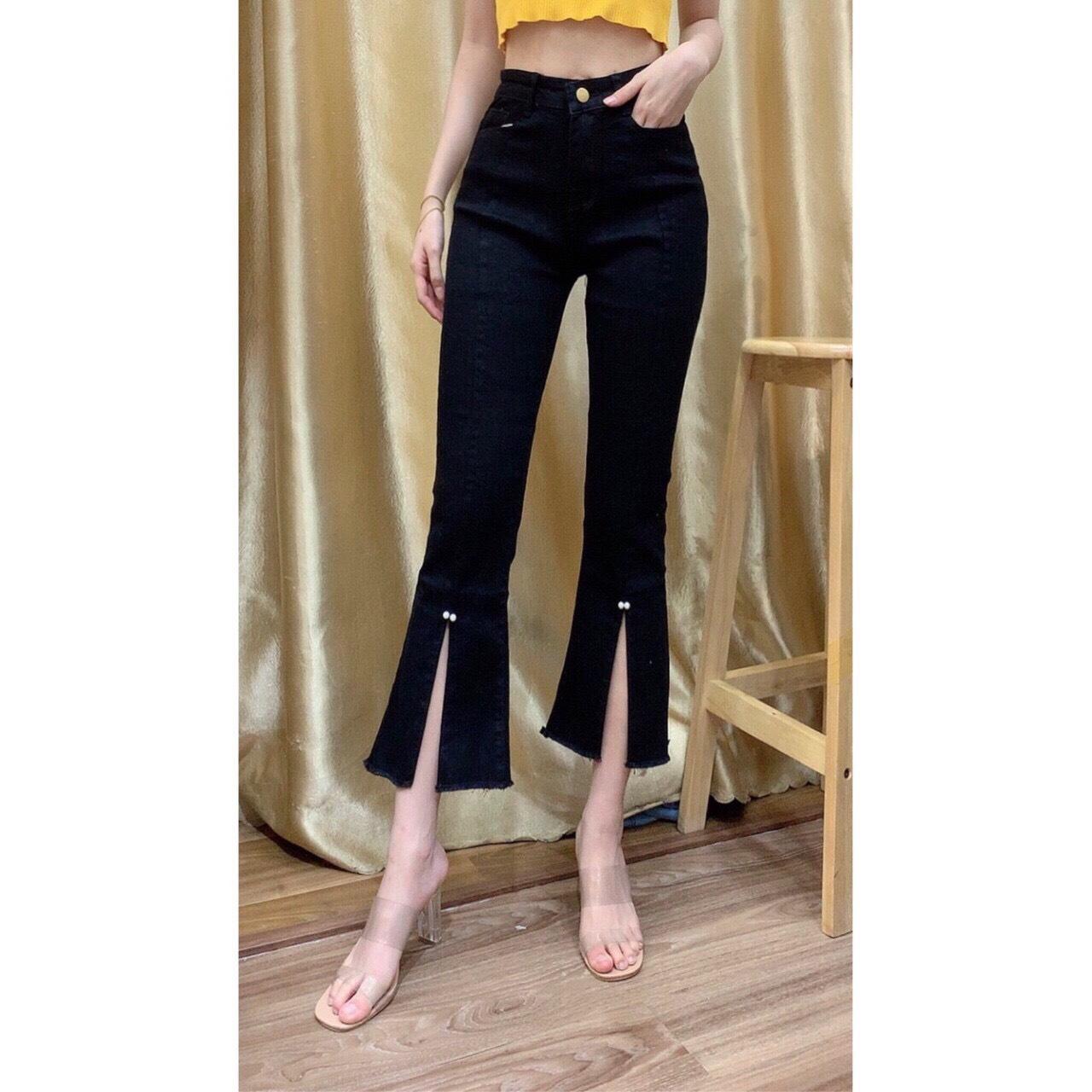 QUẦN JEAN NỮ LƯNG CAO 1179+2/2 ỐNG LOE ĐÍNH HẠT NGỌC MÀU ĐEN
