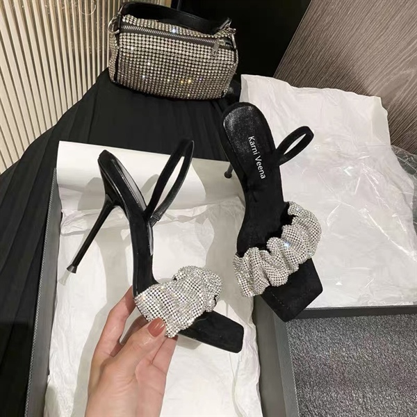 Giày sandal cao gót nữ 7-9p hở ngón mũi vuông quai nhún bèo đính đá cao cấp cg-0604