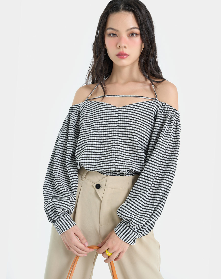 Áo kiểu nữ thời trang juno đan dây tay phồng jnaki018