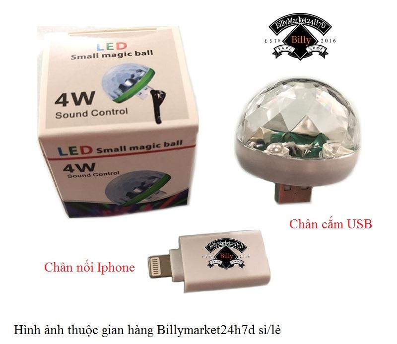 Đèn LED Laze Small magic Ball 4W mini nhấp nháy theo tiếng nhạc phát ánh sáng nhiều màu, dùng cho điện thoại Iphone, Bộ Sạc Đa Năng, Củ Sạc USB (nhỏ gọn, bỏ túi)