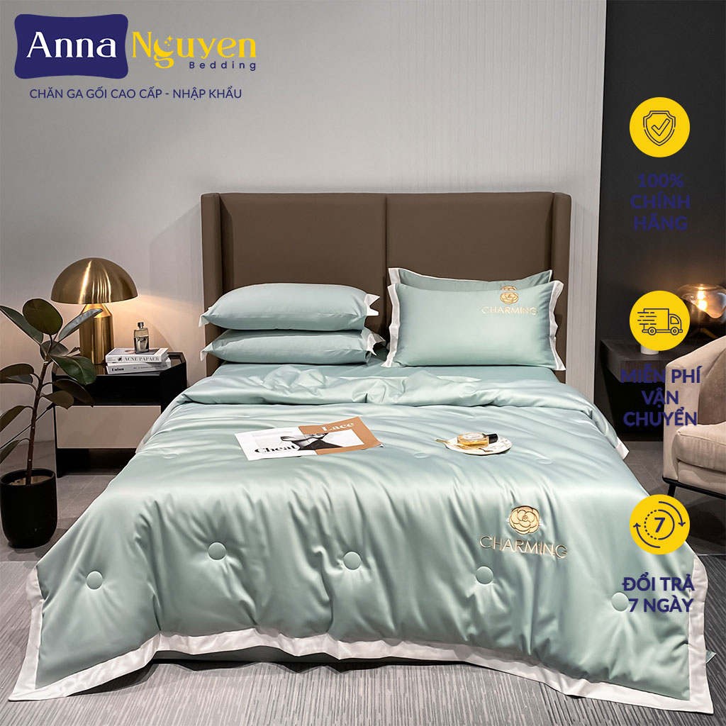 Bộ Chăn Ga Gối Đệm Phi Lụa Charming Drap Giường Phi Lụa Cao Cấp Bo Chun Drap - Anna Nguyen Bedding