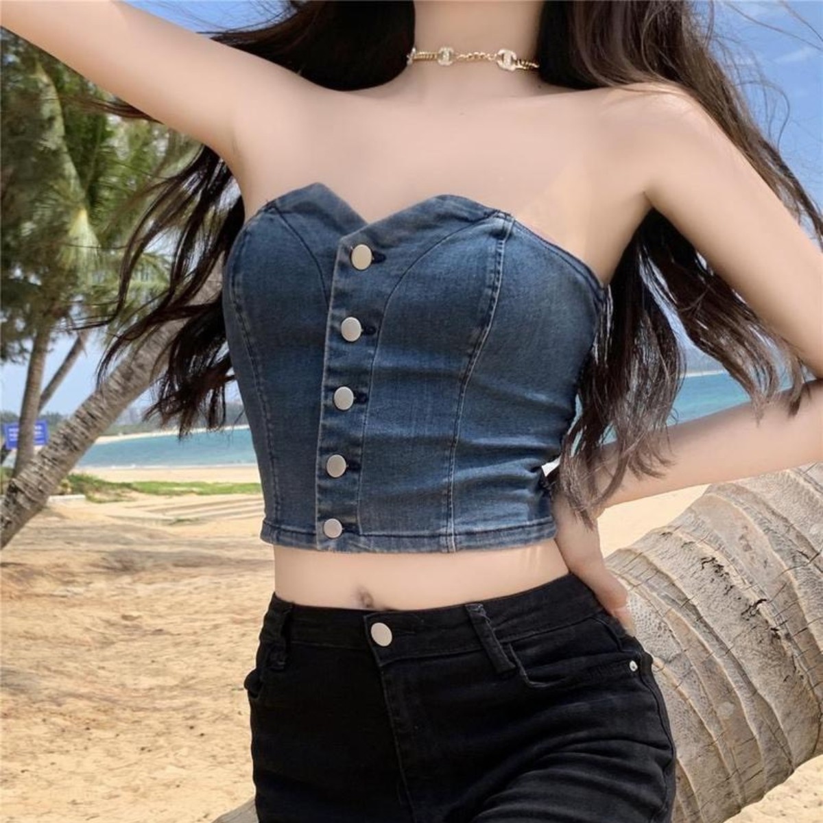 Áo ống jean kiểu cúc cài PINKSTORE29 phong cách quyến rũ A5594