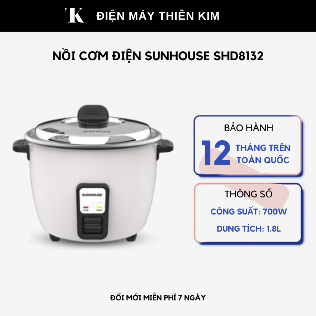 Nồi cơm điện sunhouse shd8132 - 1.8l 700w - lòng nồi anod chống dính - nồi cơm điện nắp rời - bảo hành 12 tháng toàn quốc