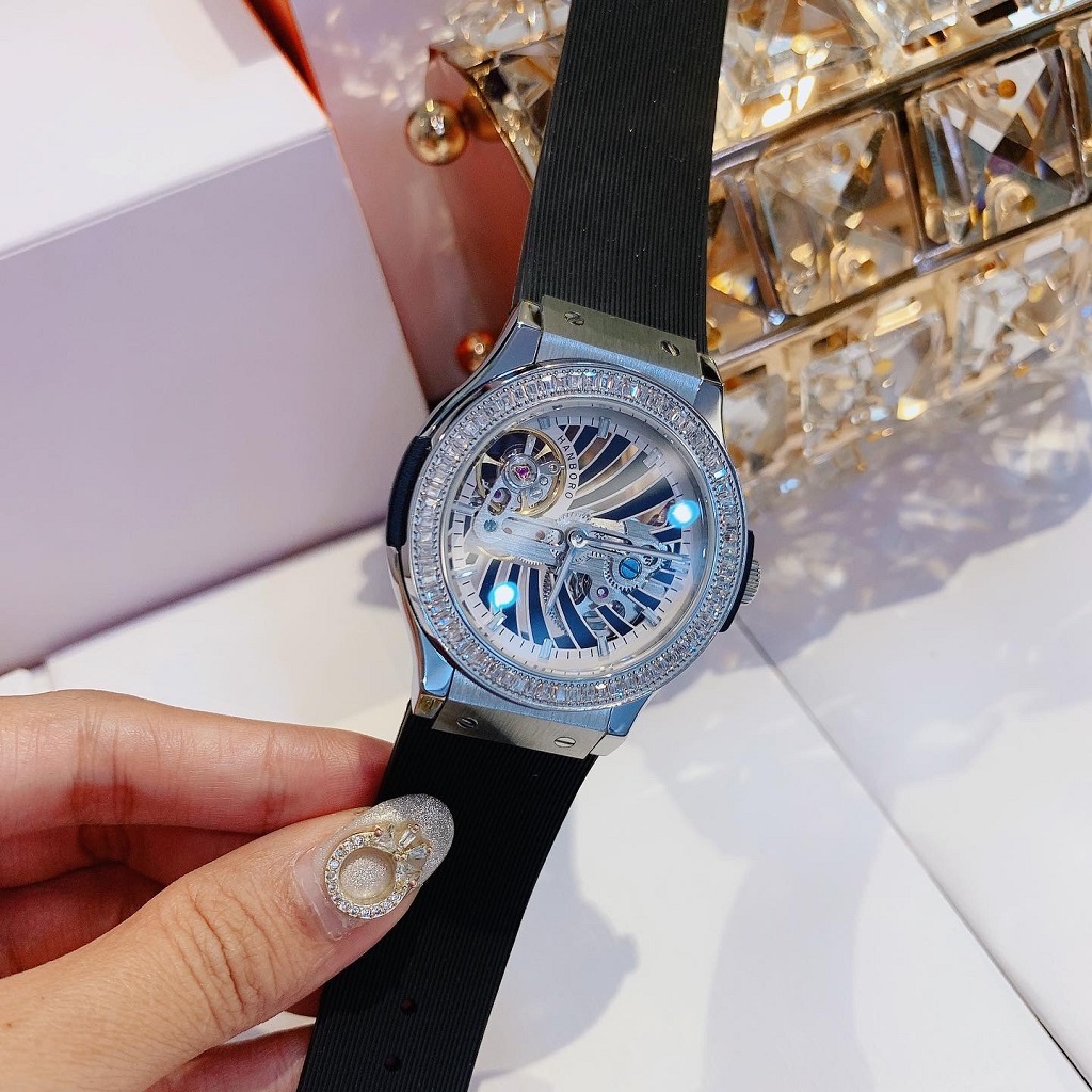 [HCM]Đồng Hồ Nữ Hanboro Automatic Dây Silicon Đen Silver Chính Hãng 36mm