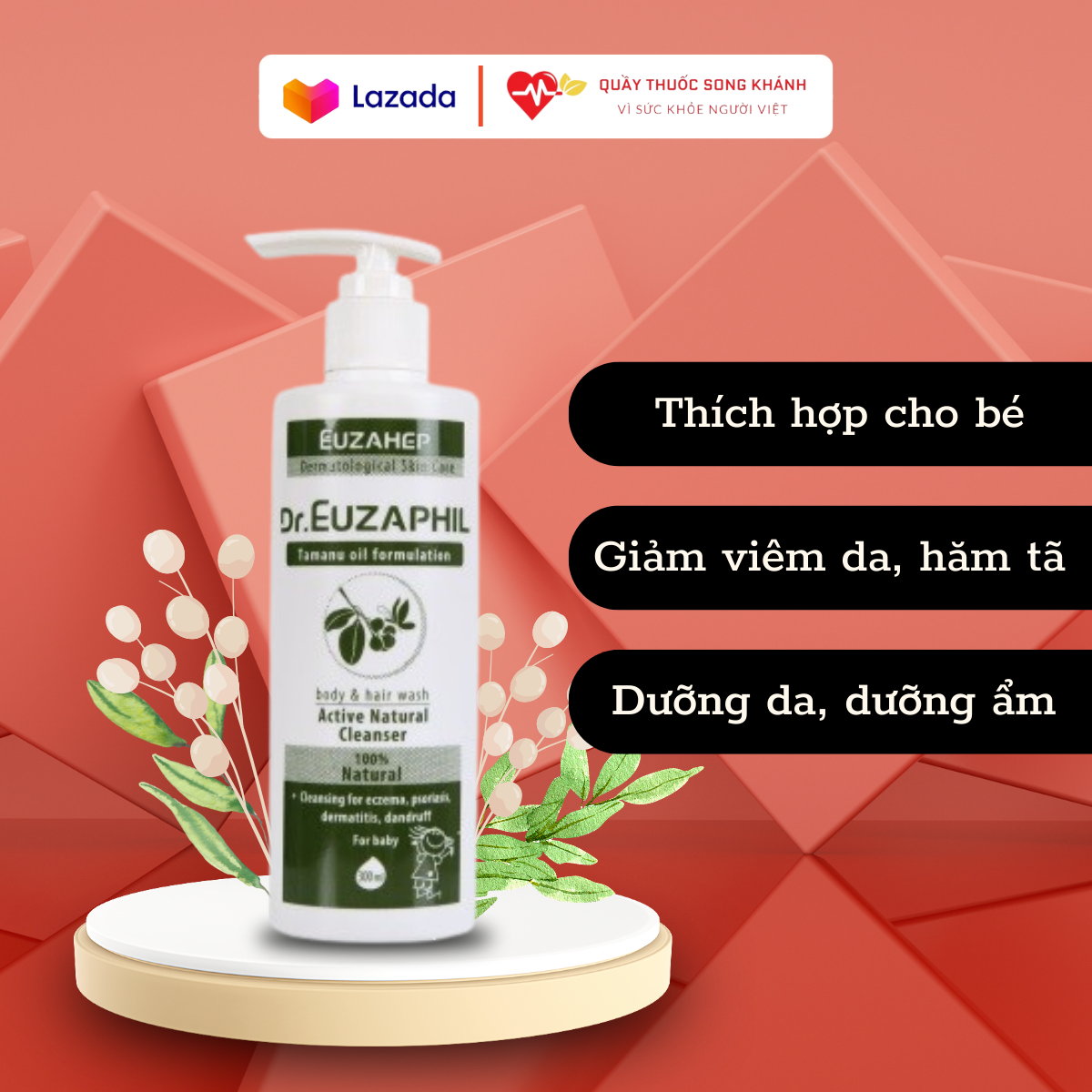 Sữa Tắm Tinh Dầu Dr Euzaphil cho trẻ em, giúp dưỡng ẩm và ngăn ngừa hăm tã, giảm viêm da ở bé, phù hợp với mọi loại da, có mùi thơm dịu nhẹ và tinh chất từ thiên nhiên nhẹ nhàng với bé - Song Khánh Pharmacy - 300ml