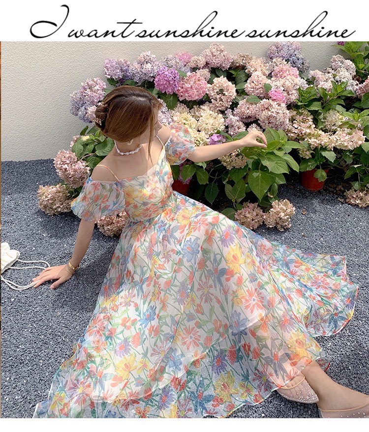 Đầm maxi hoa trễ vai đan dây lưng siêu sang chảnh