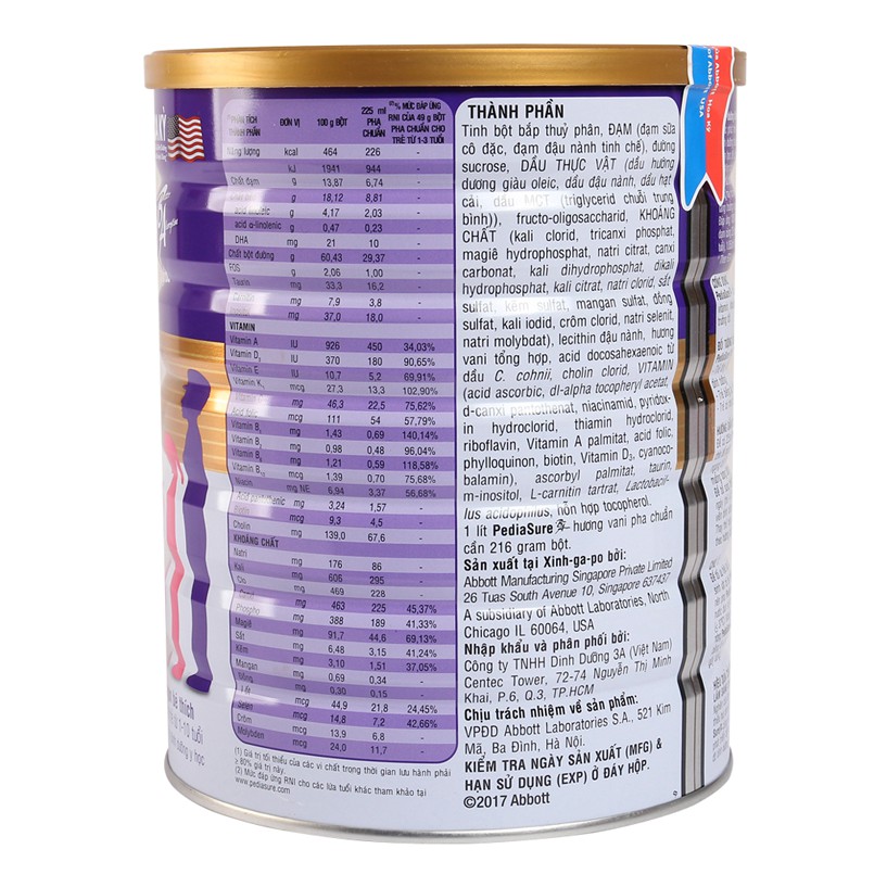 [HSD T3-2026] Sữa Bột Pediasure B/A Hương Vani Ít Ngọt - Lon 1.6kg.