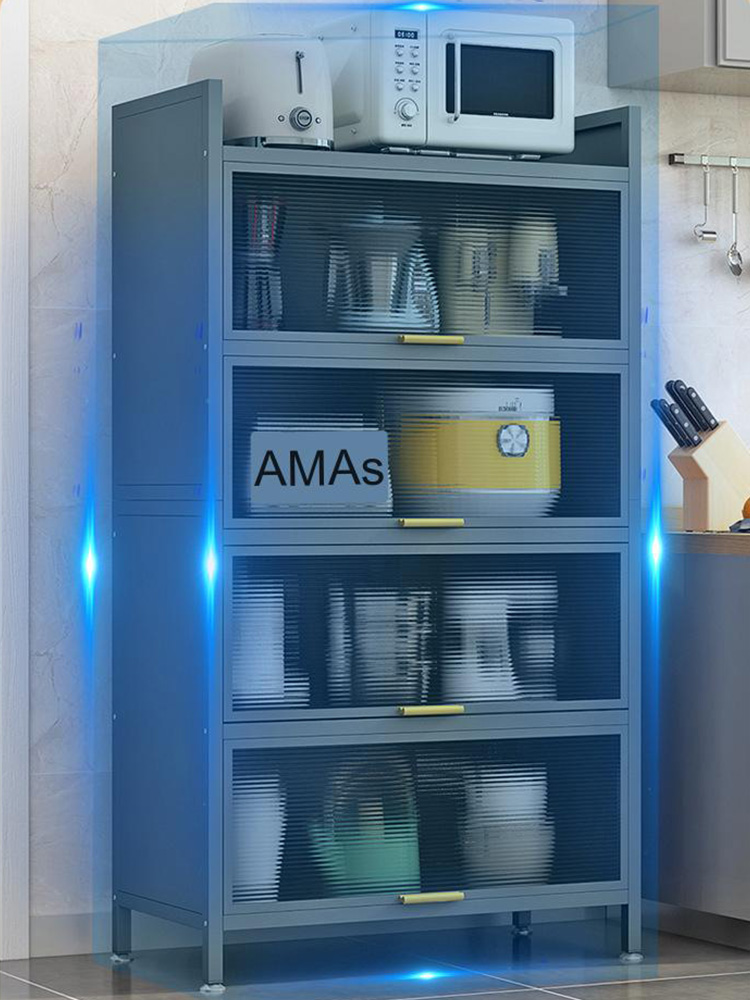 Flip lid kitchen with door, floor-to-ceiling multi-storey shelves, microwave oven, dustproof, multi-functional storage cabinet