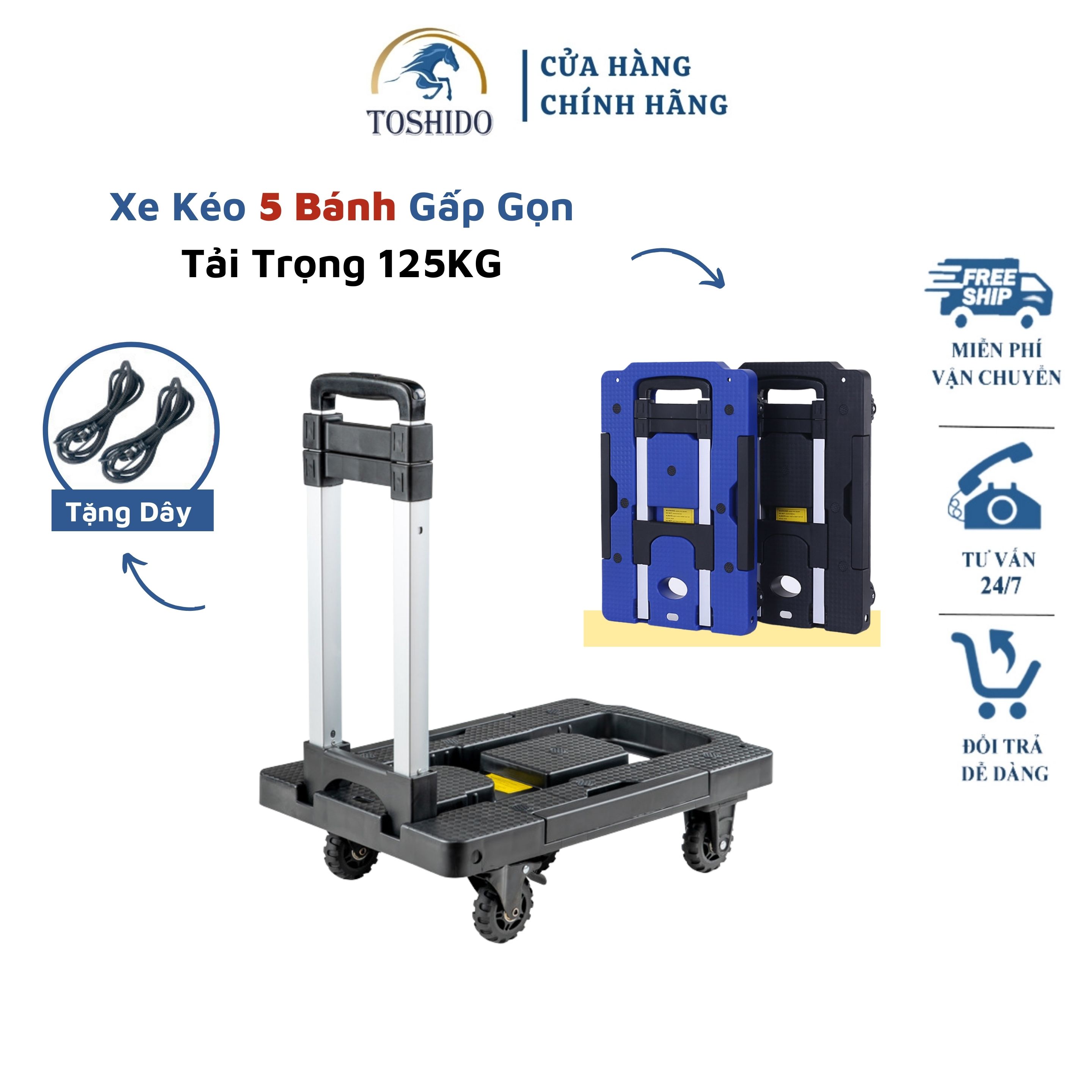 Xe đẩy hàng, kéo hàng đa năng 5 bánh gấp gọn tải trọng 125kg, xe chở hành lí gấp gọn