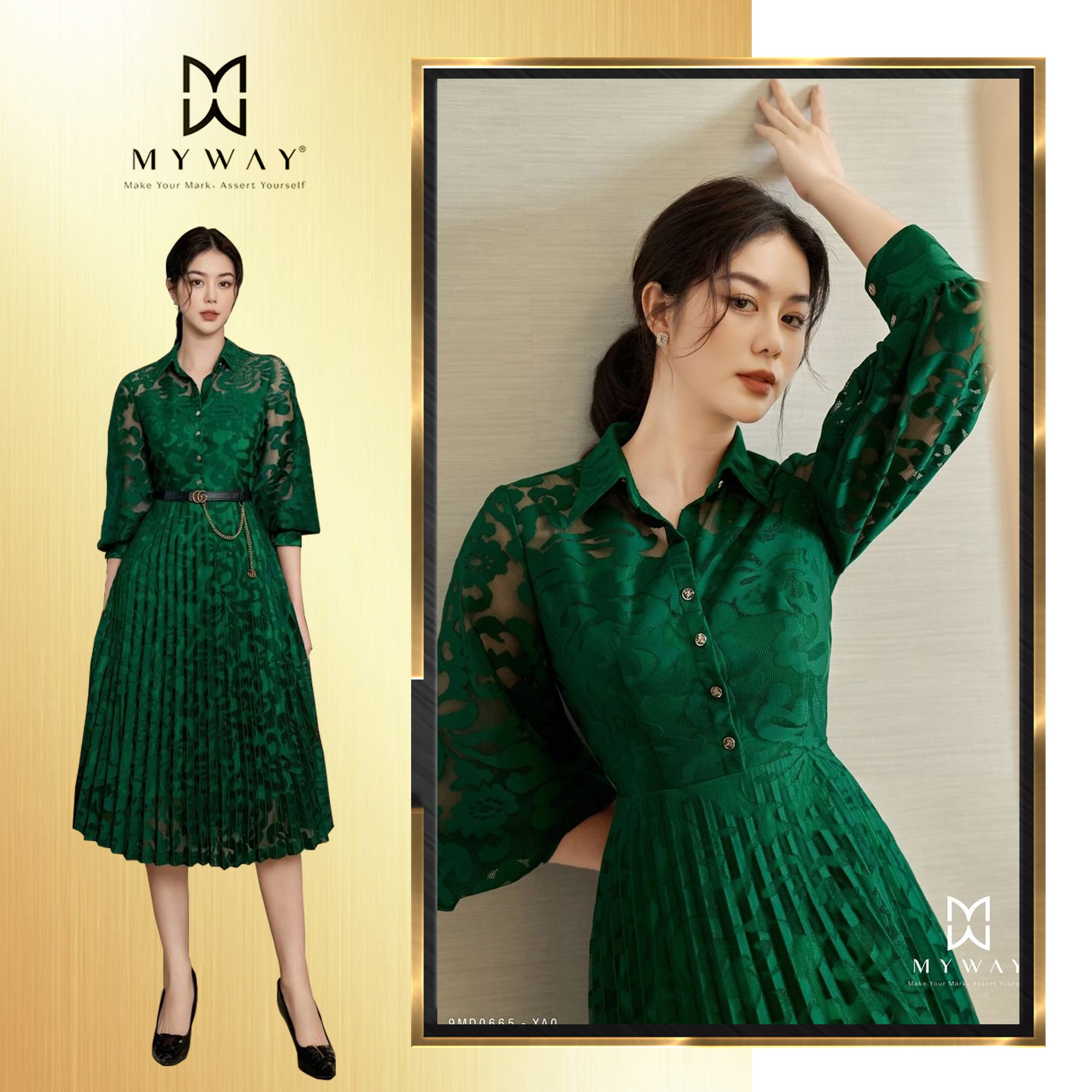 Đầm nữ công sở dài tay my way phối xếp ly sang trọng 9md0665