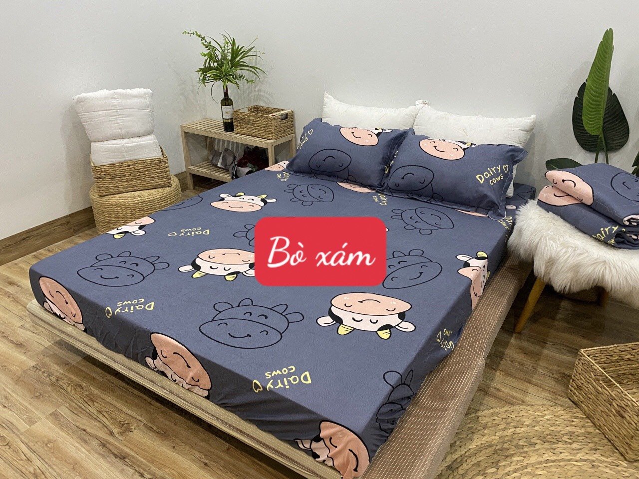 Bộ ga gối 3 món1m6x2m poly cotton, mẫu bò xám
