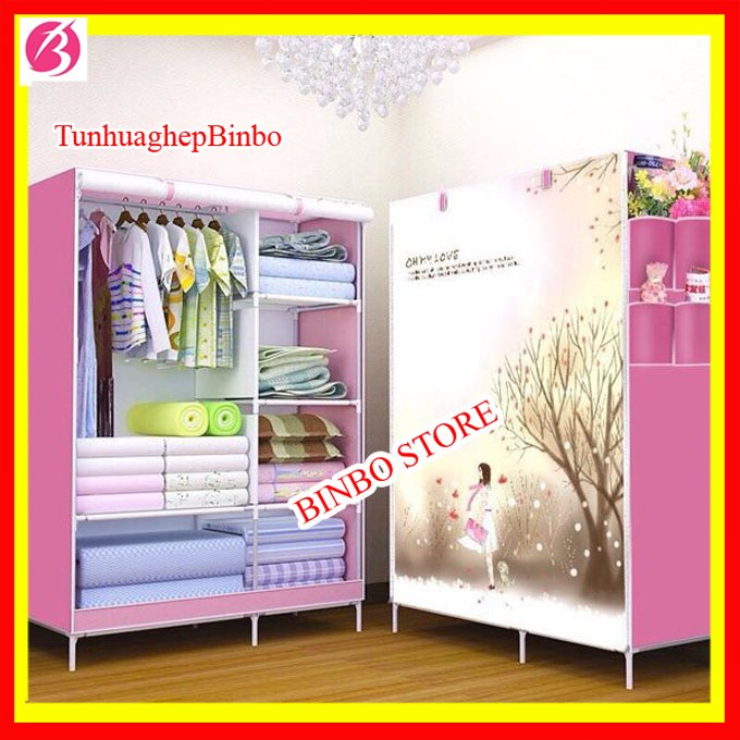 [nhiều mẫu] Tủ vải khung sắt đựng quần áo  2 buồng 6 ngăn khung Inox cao cấp in hình họa tiết 3D  màu hồng để đồ gấp gọn, tủ vải lắp ghép tiện lợi