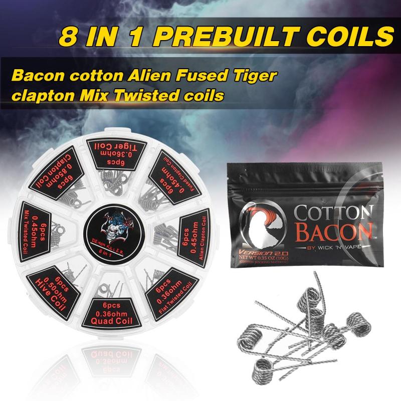 【Free Shipping】8 in 1 Prebuilt Coils+ Bacon cotton Alien Fused Tiger clapton Mix Twisted coils