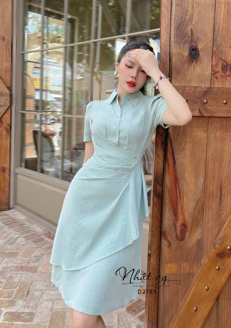 Đầm sơ mi Nhật Vy nhún bên eo chất linen phù hợp đi chơi dạo phố - D2785
