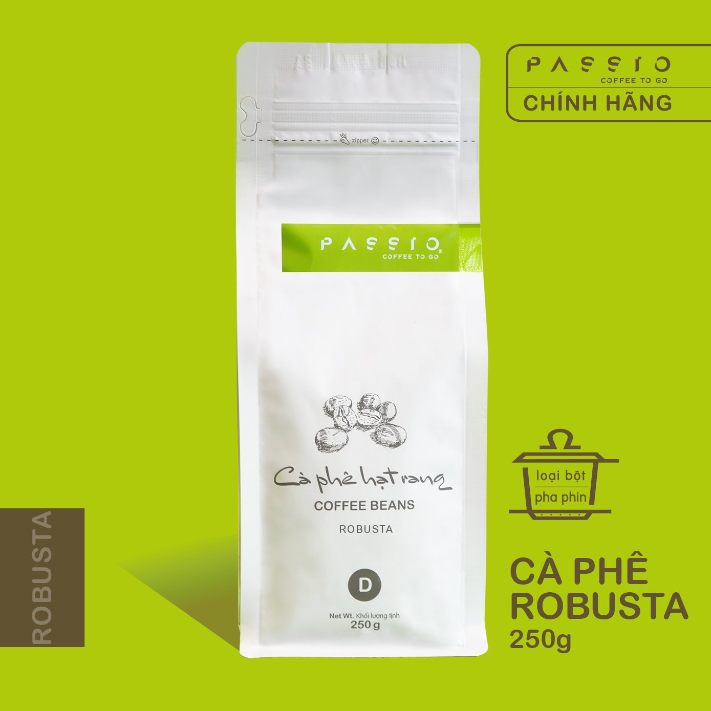Cà phê Robusta dạng Bột (pha phin) nguyên chất 100% rang mộc - Passio Coffee (250g)