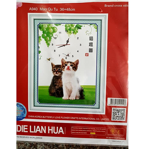 [HCM]Tranh thêu con mèo có đồng hồ  A940
