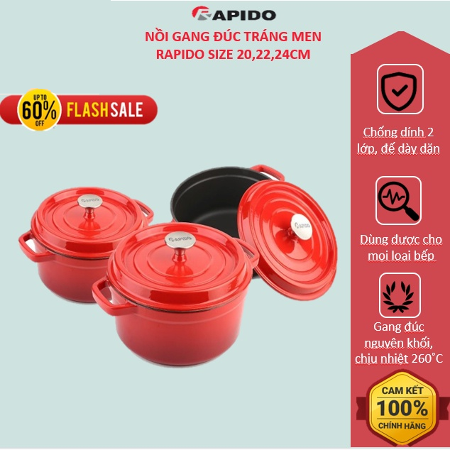 Nồi gang đúc tráng men 20cm RK20-RD, Đúc nguyên khối, Lòng nồi tráng men, Chịu sốc nhiệt lên tới 260 độ C, Sử dụng với mọi loại bếp, nồi gang đúc nấu cơm , nồi gang kho cá, nồi men tráng sứ
