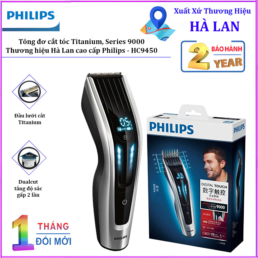 Tông đơ cắt tóc cao cấp thương hiệu nhập khẩu Philips HC9450, lưỡi cắt titanium dễ dàng thay đổi cữ lược, màn hình điều khiển cảm ứng, dùng liên tục lên đến 120 phút [Bảo hành 12 tháng]