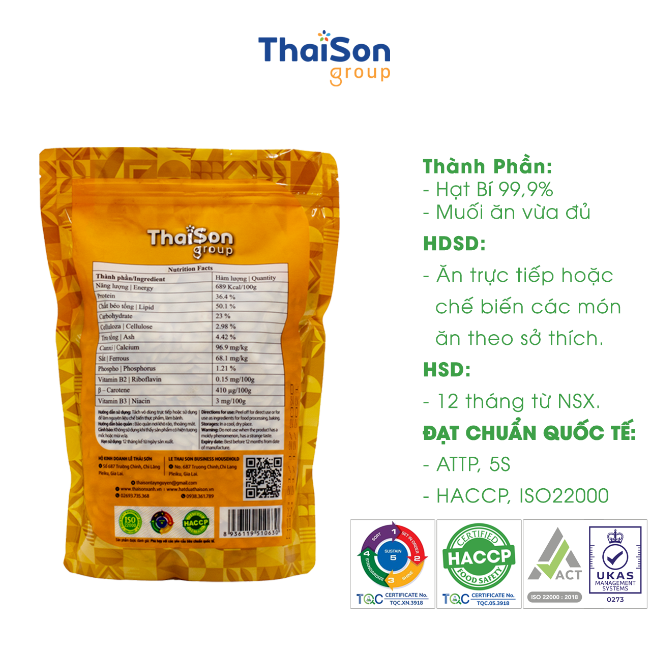 HẠT BÍ SẠCH THÁI SƠN RANG MUỐI HẠT LỚN TÚI ZIP 500G HB