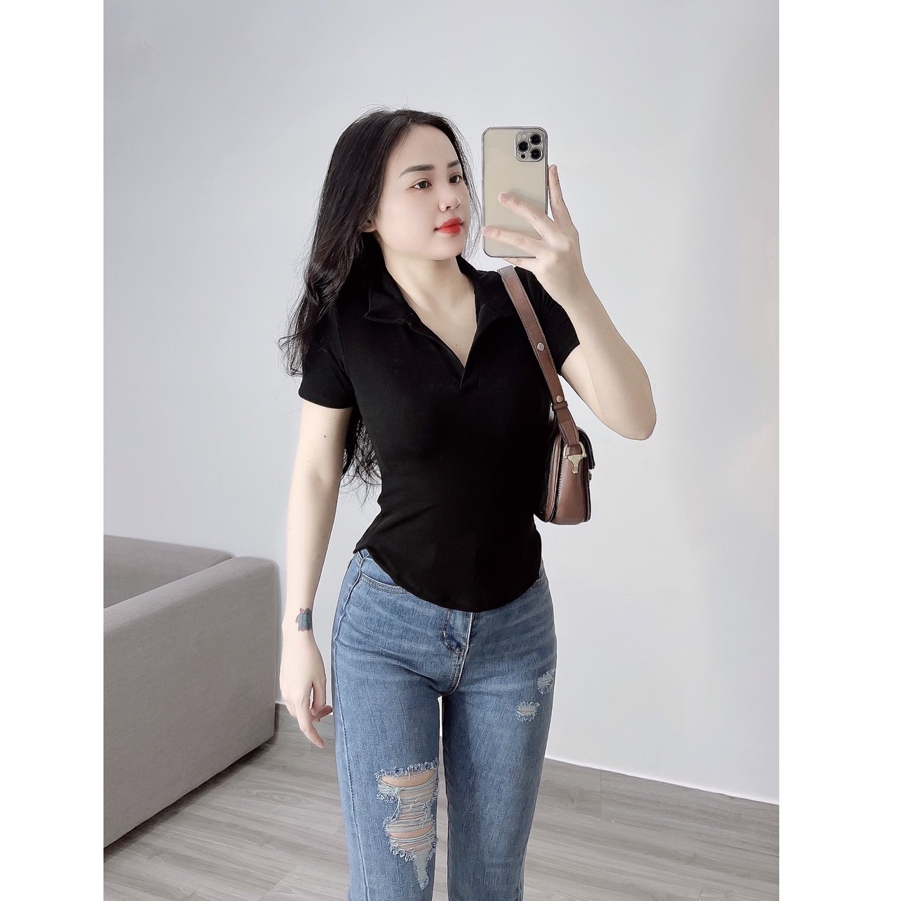 Áo thun polo nữ thun gân vạt bầu cổ bẻ