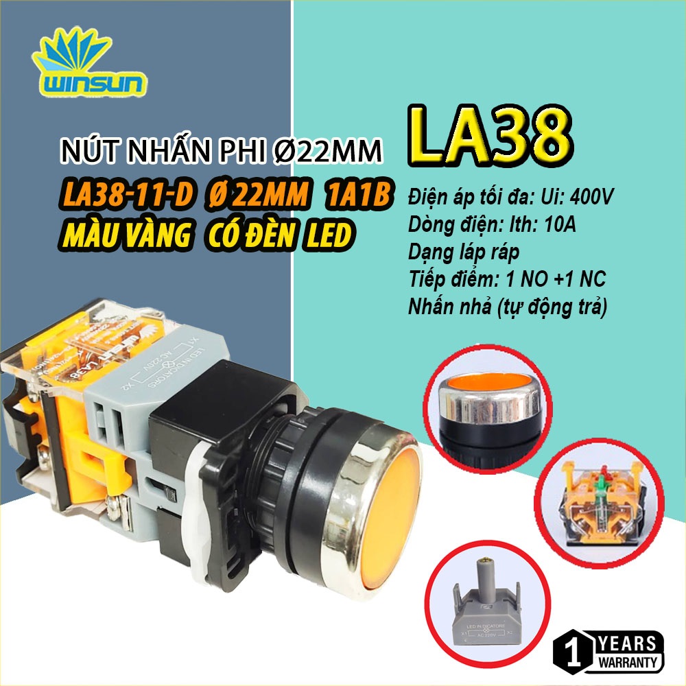 Nút nhấn nhả, nhấn giữ có đèn, không đèn phi 22 mm LA38