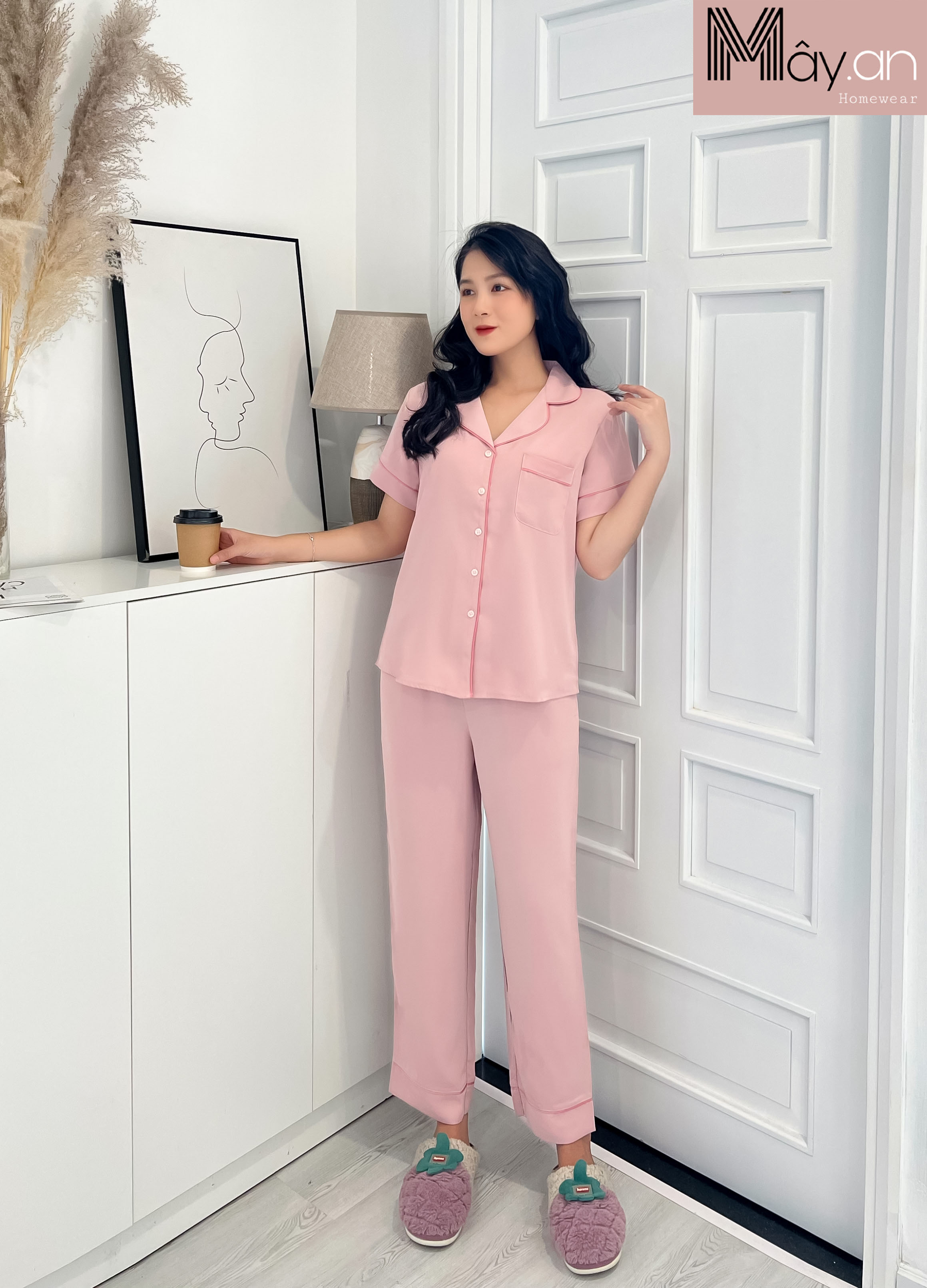 Đồ mặc nhà MÂY pijama lụa mịn Hàn quốc trơn quần dài