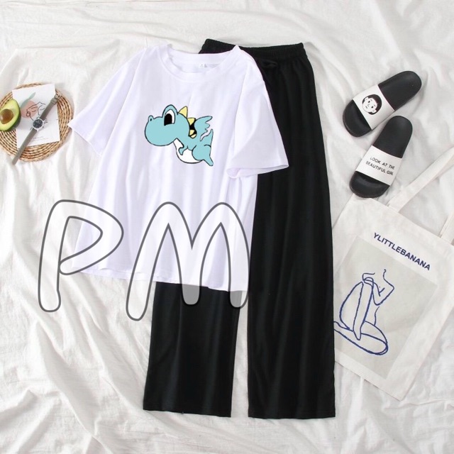 [Siêu Chất 37] Sét Bộ Đồ Quần Áo Nữ Ngắn Tay Xinh Cute Mặc Đi Chơi Dạo Phố Áo Cotton In Hoạt Hình Ngộ Nghĩnh Quần Ống Rộng Thun Cát