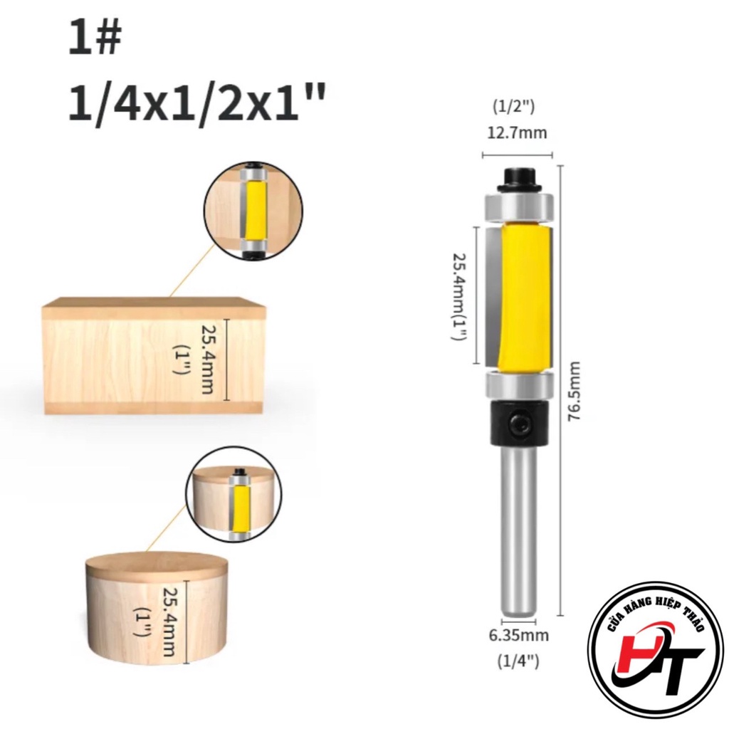 Mũi phay gỗ thẳng 2 bi trên dưới soi bi ngược lấy nền cốt bé 6.35mm vàng mst2b-v-tq