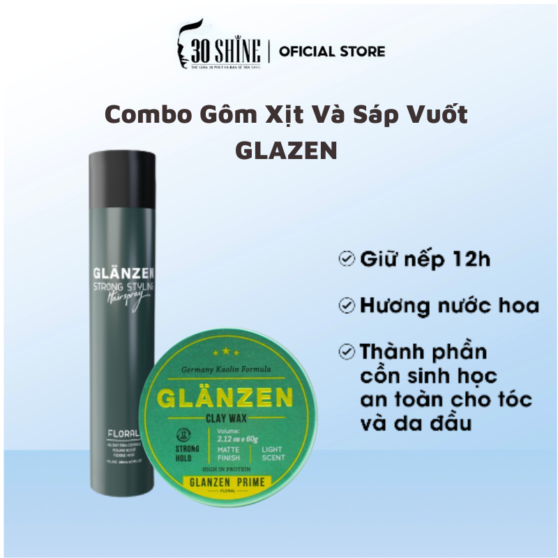 Combo gôm xịt và sáp vuốt tóc glanzen hương thơm nhẹ, tạo kiểu tự nhiên, không bết dính