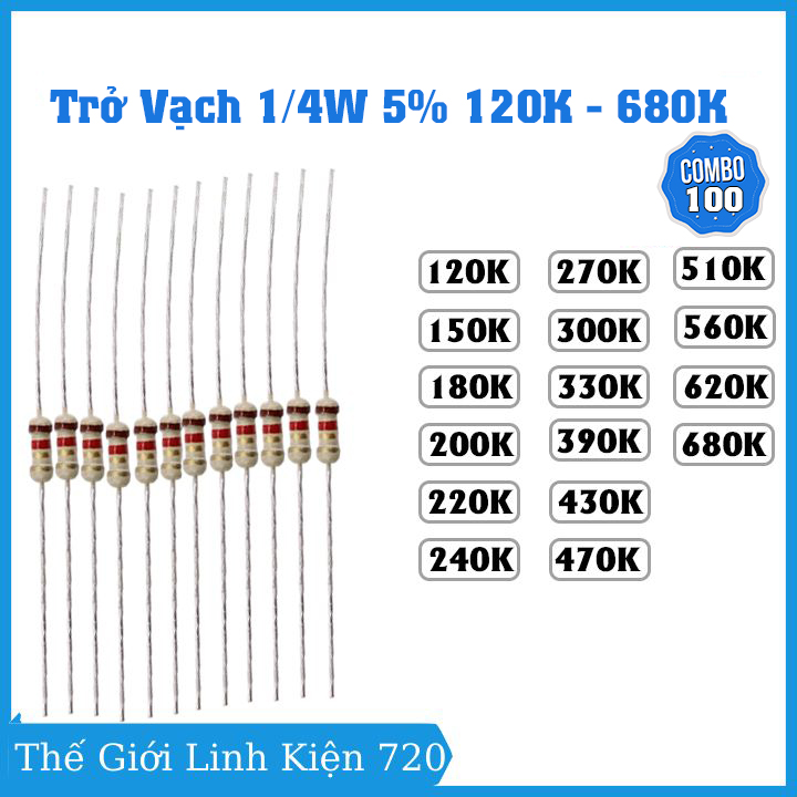 Gói 100 con trở vạch 1/4W 5% giá trị điện trở từ 120K-680K