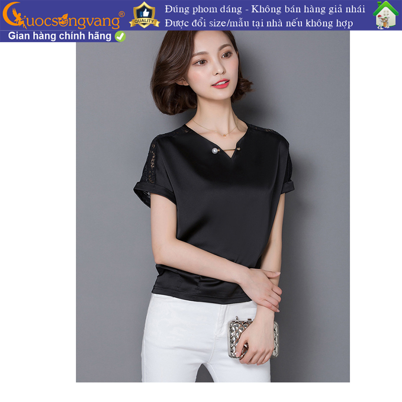 Áo lụa nữ gấu thun cổ v ngắn tay phối ren Queenbe GLA113