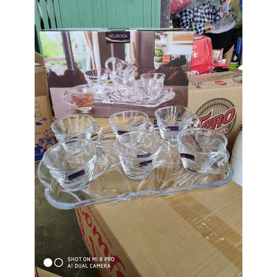 BỘ 6 CỐC LỆCH THỦY TINH KÈM KHAY TRẮNG