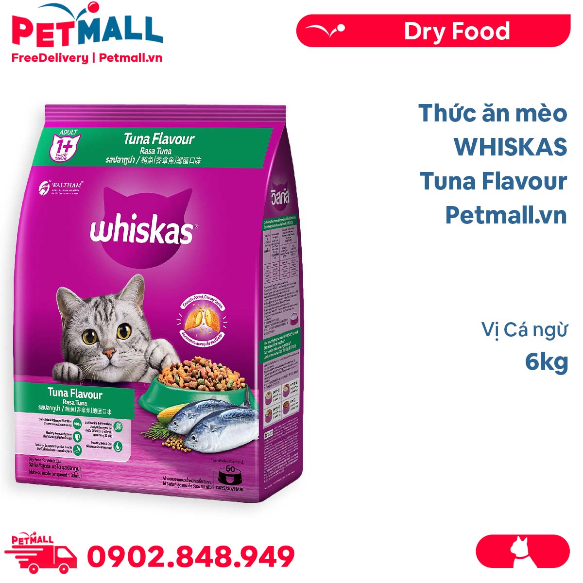 Thức ăn mèo whiskas tuna flavour 6kg - cá ngừ petmall